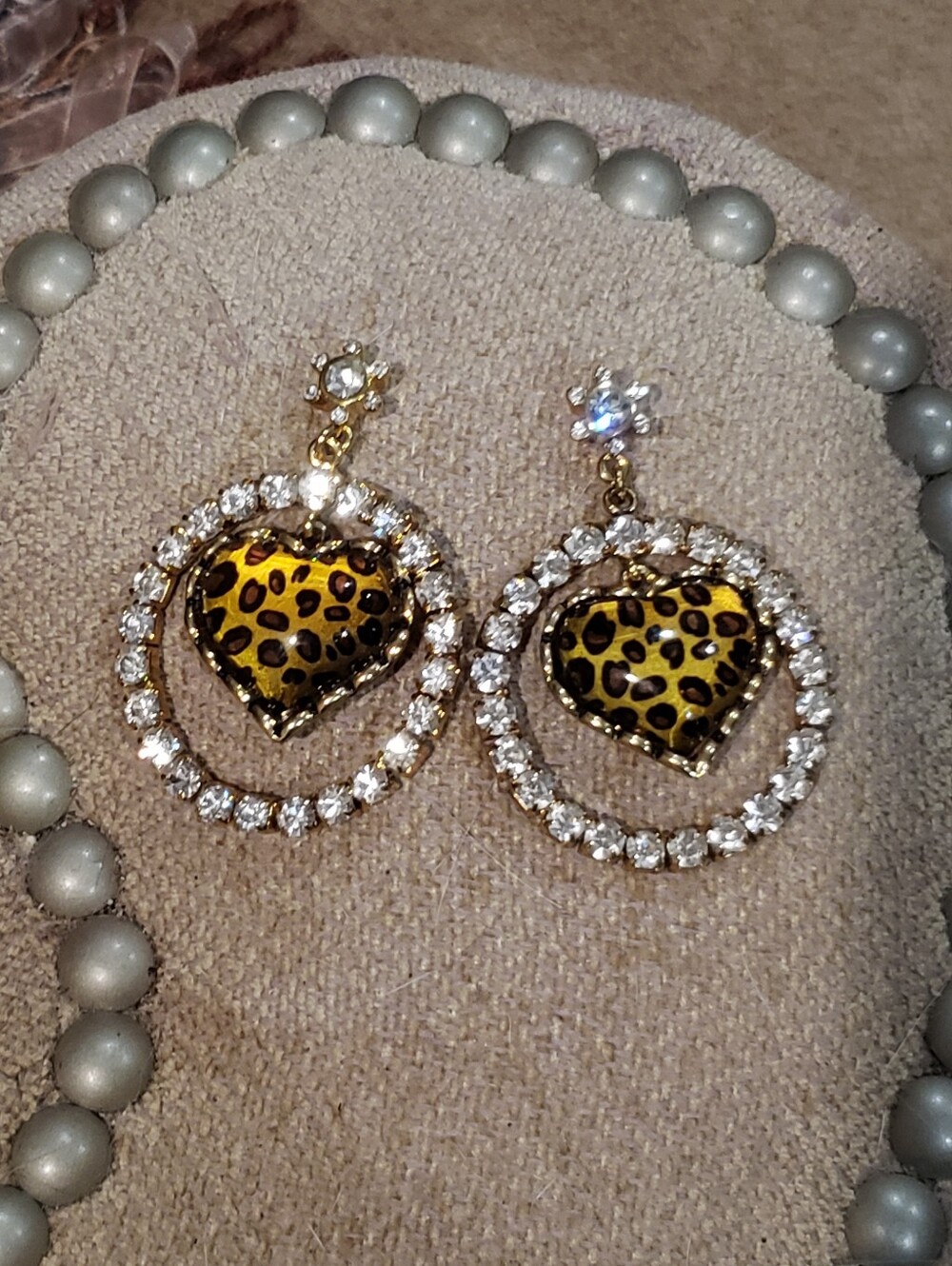 Betsey Johnson Gold-Tone Puffy  Leopard Heart Hoop Earrings with Clear Crystals